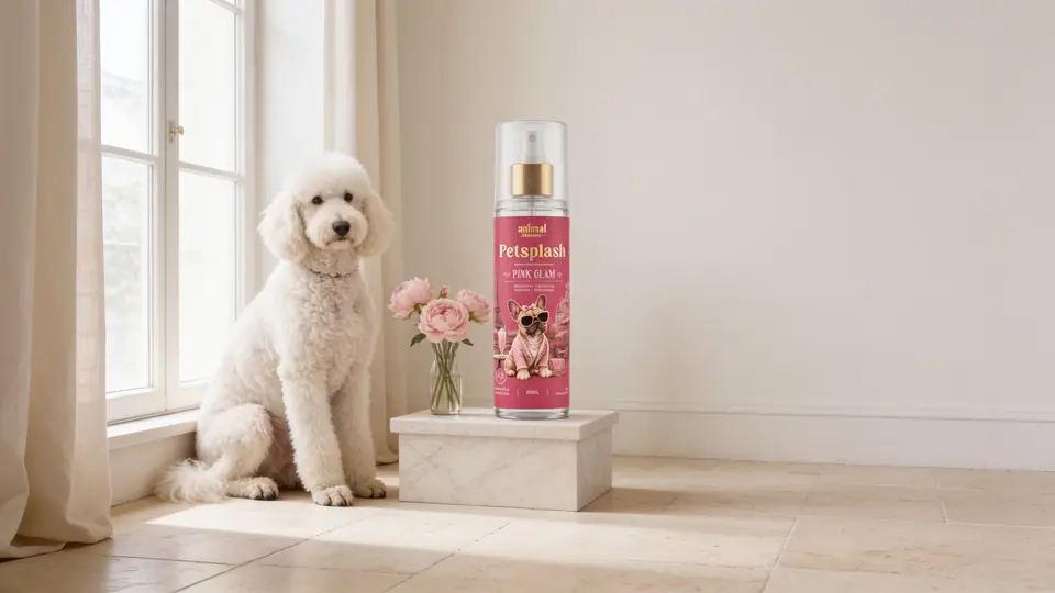Cão com o Petsplash® Pink Glam em um ambiente claro