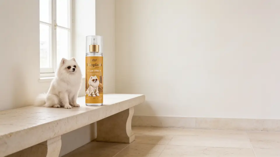 Cão com o Petsplash® Luxe White em um ambiente claro