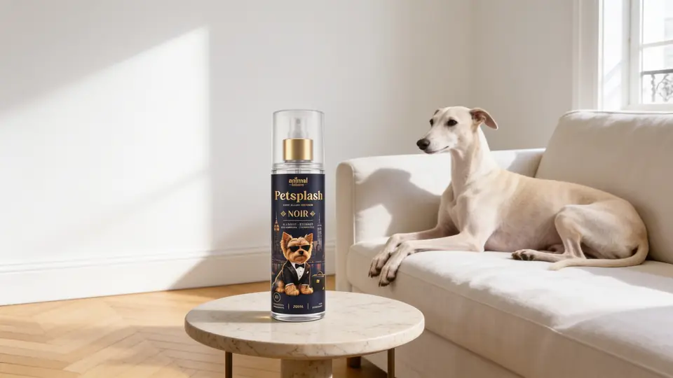 Galgo em um sofá de linho ao lado do Petsplash® Noir, em uma sala clara