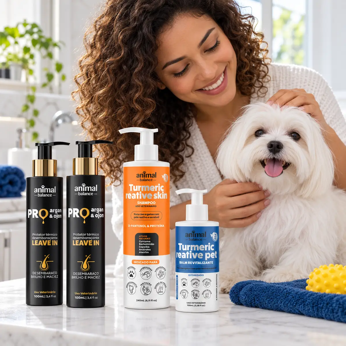 02 Pro Argan e Ojon + 01 Shampoo e 01 Balm Turmeric Reative em uso, em casa