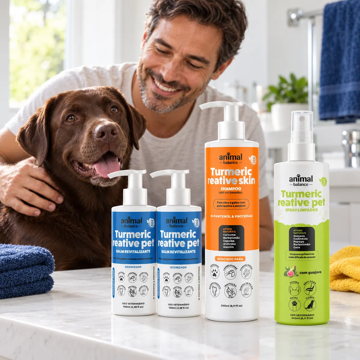 2 Balms Reestruturante + 1 Shampoo Curcuma + 1 Spray Limpador a Seco em uso, em casa