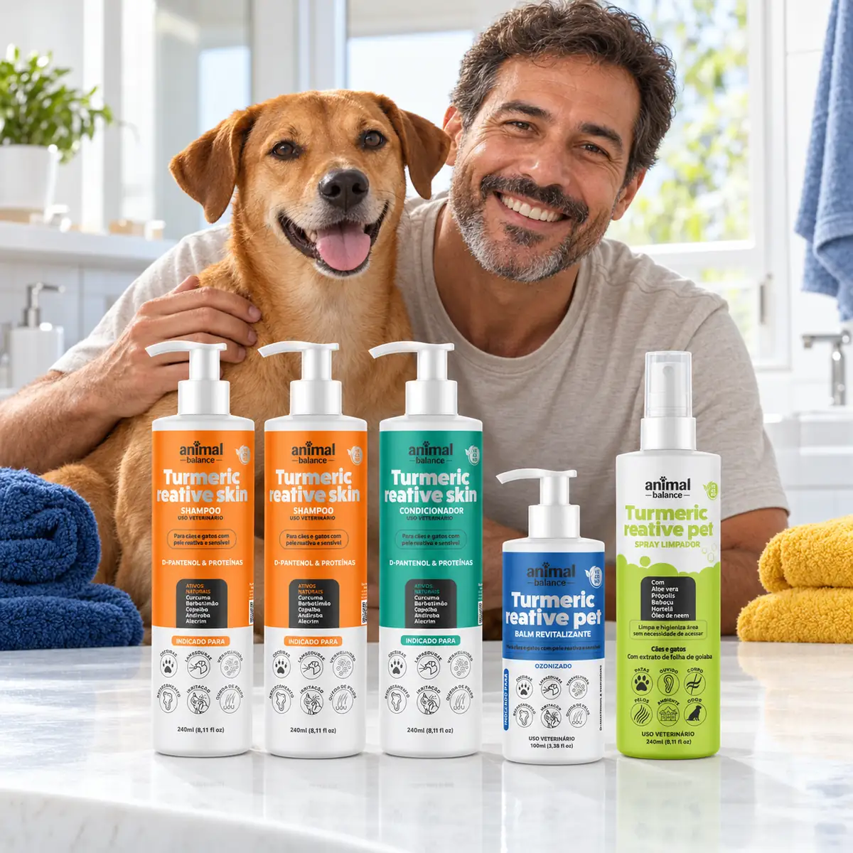 2 Shampoos Cúrcuma + 1 Condicionador + 1 Balm Reestruturante + 1 Spray Limpador em uso, em casa