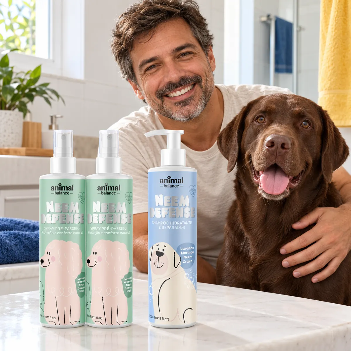 2 Spray Neem Defense + 1 Shampoo Neem Defense em uso, em casa