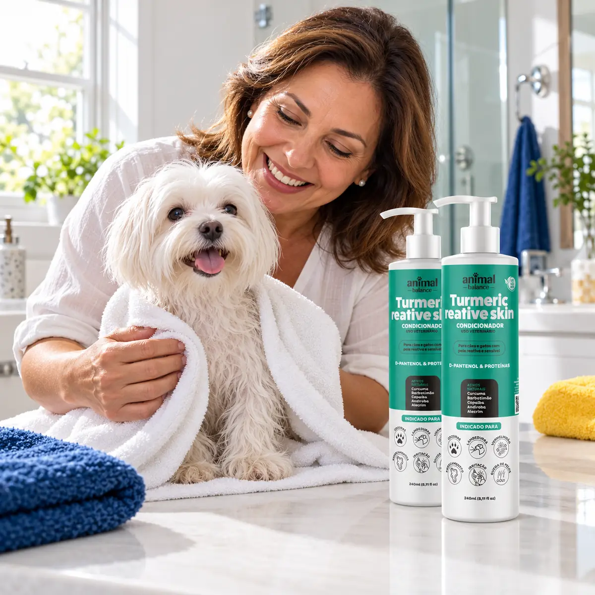 2 Und Condicionadores Pet - Cúrcuma Reative Skin em uso, em casa