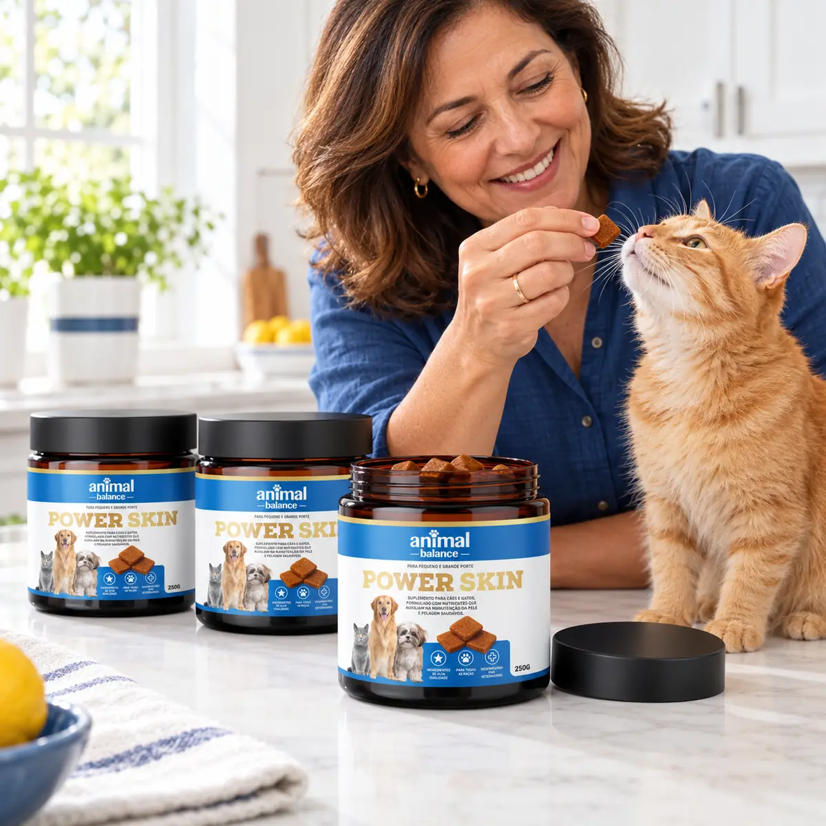 3 Power Skin - Pelo & Derme - Suplemento em Flexbites Palatáveis - 250g em uso, em casa