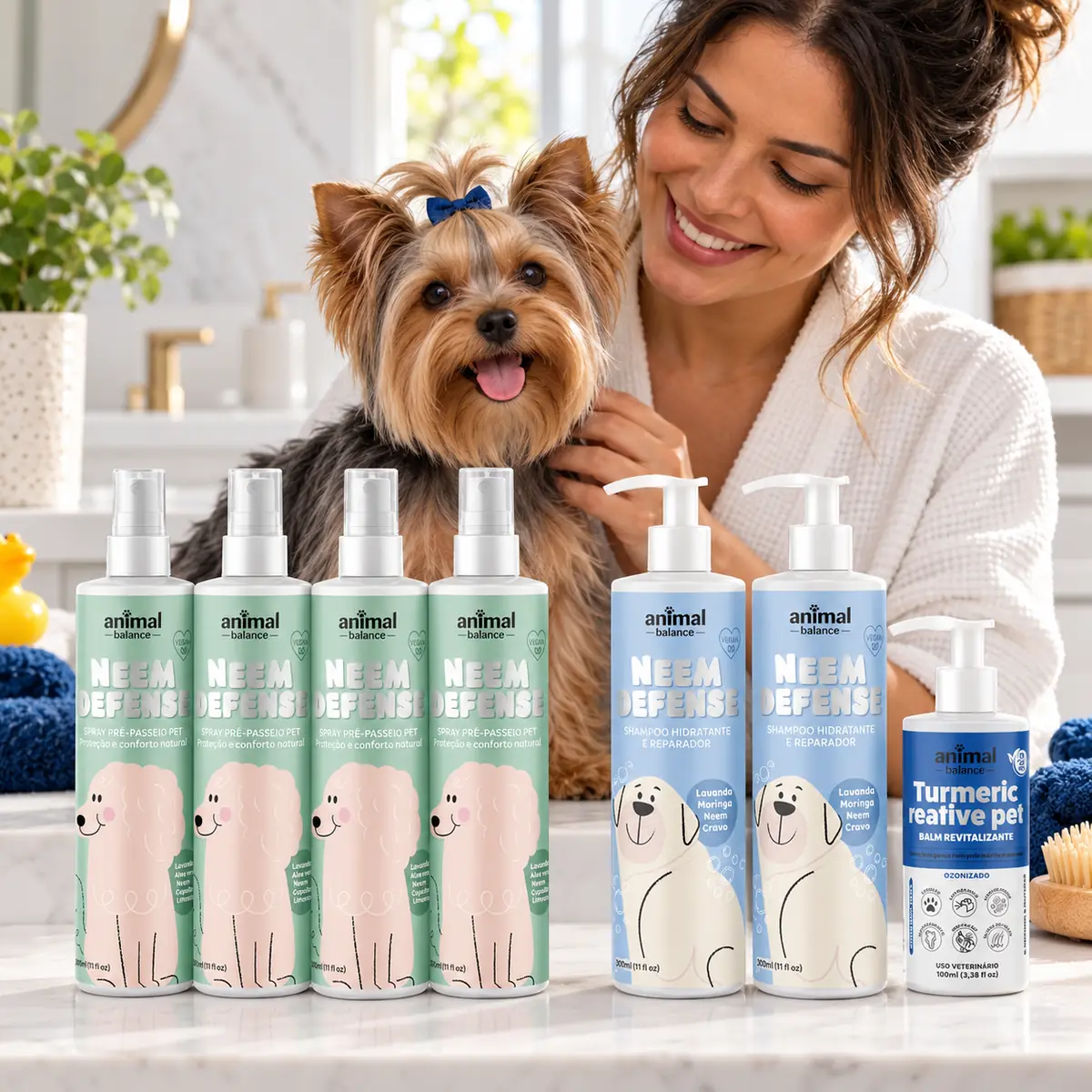 4 Spray Neem Defense + 2 Shampoo Neem Defense + 1 Balm Reestruturante em uso, em casa