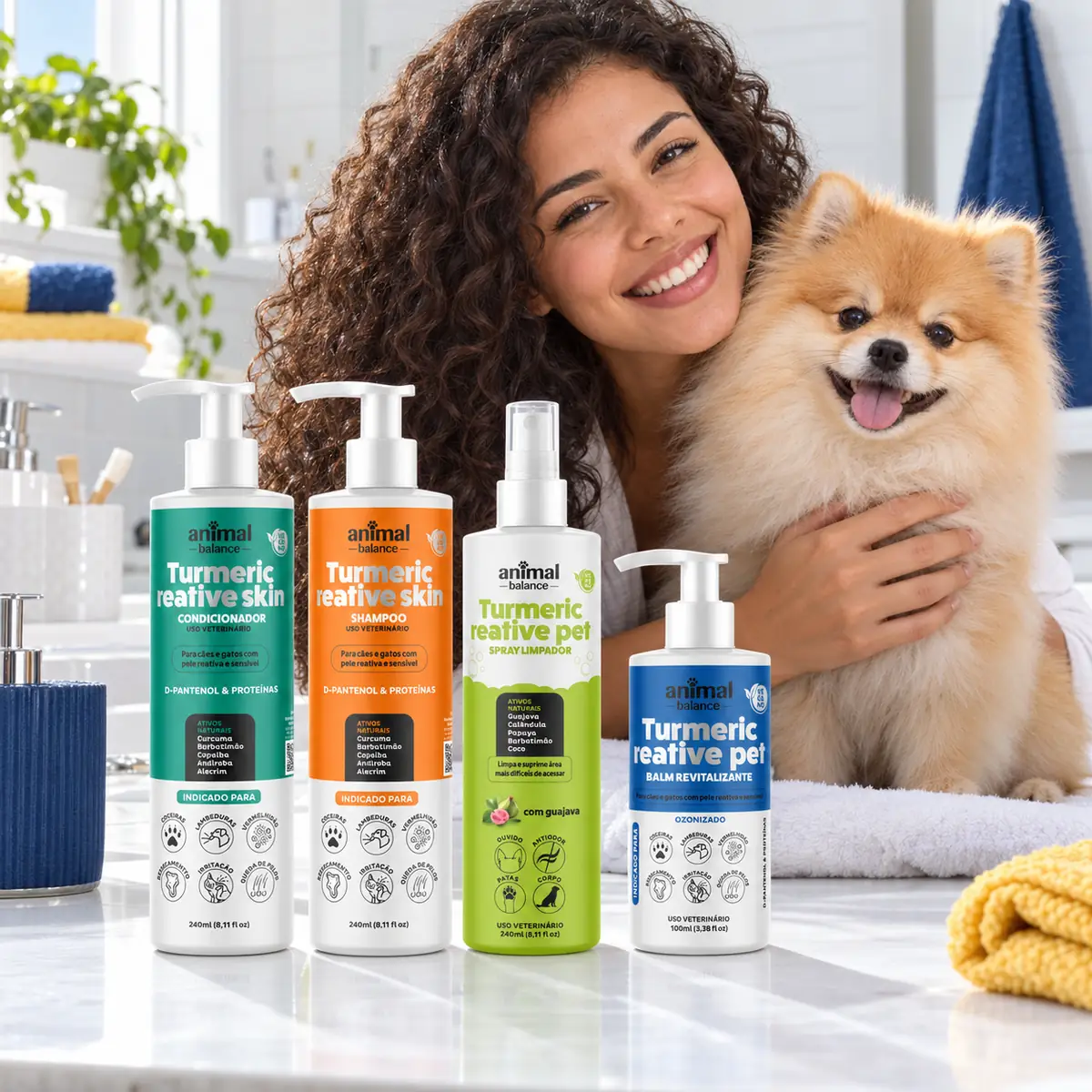 Kit Super Conforto - 1 Shampoo Curcuma Reative + 1 Condicionador Reative + 1 Balm Reestruturante Hidratante + 1 Spray Limpador a Seco em uso, em casa
