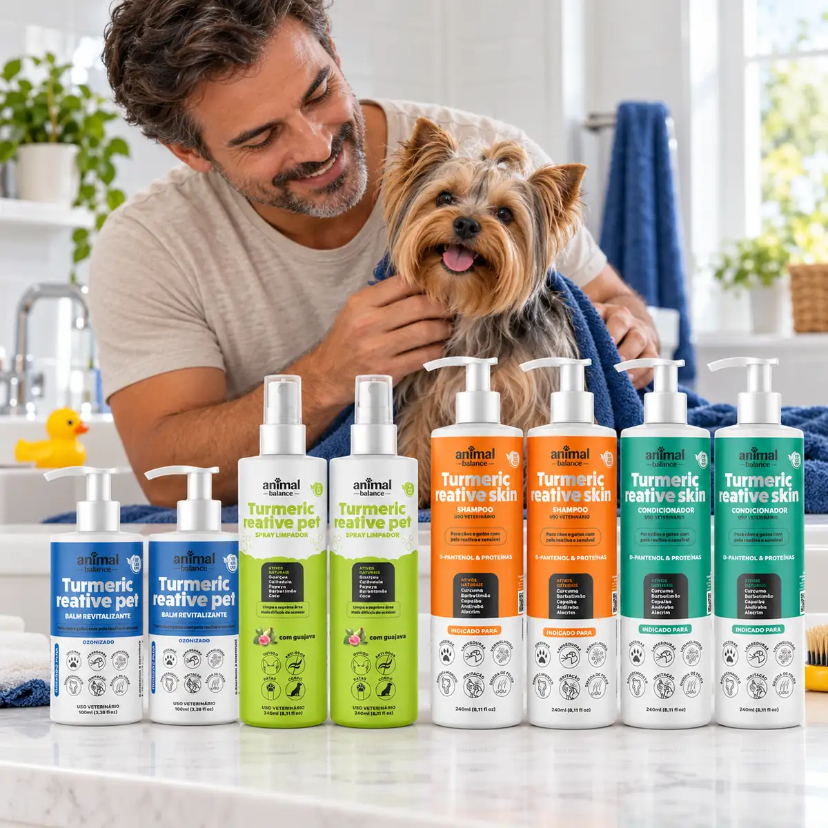 Kit Mega Conforto Promocional - 2 Shampoo Curcuma Reative + 2 Condicionador Reative + 2 Balm Reestruturante Hidratante + 2 Spray Limpador a Seco em uso, em casa