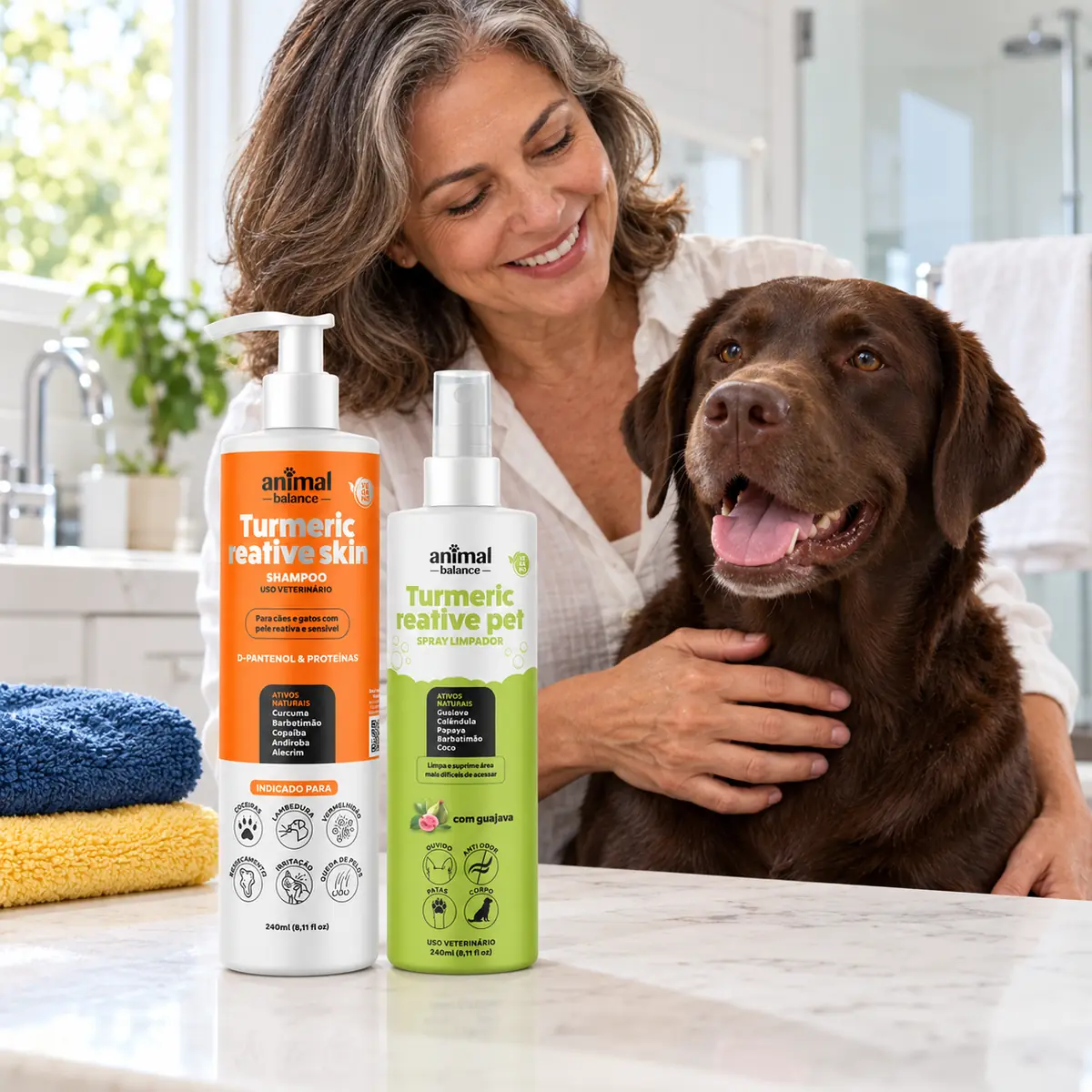 Kit Conforto - 1 Shampoo Curcuma Reative + 1 Spray Limpador a Seco em uso, em casa