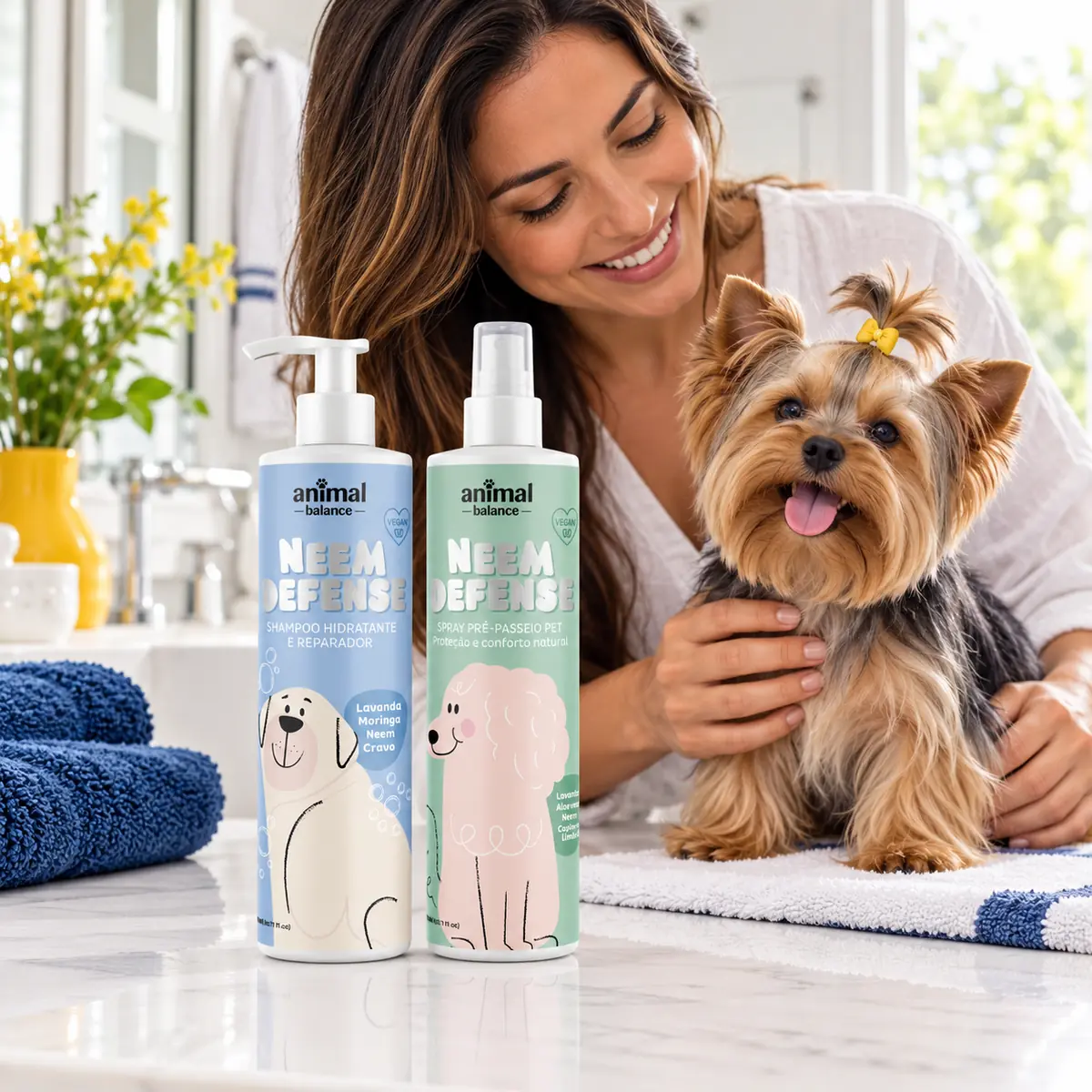 Kit Neem Defense - 1 Shampoo + 1 Spray - 240ml em uso, em casa