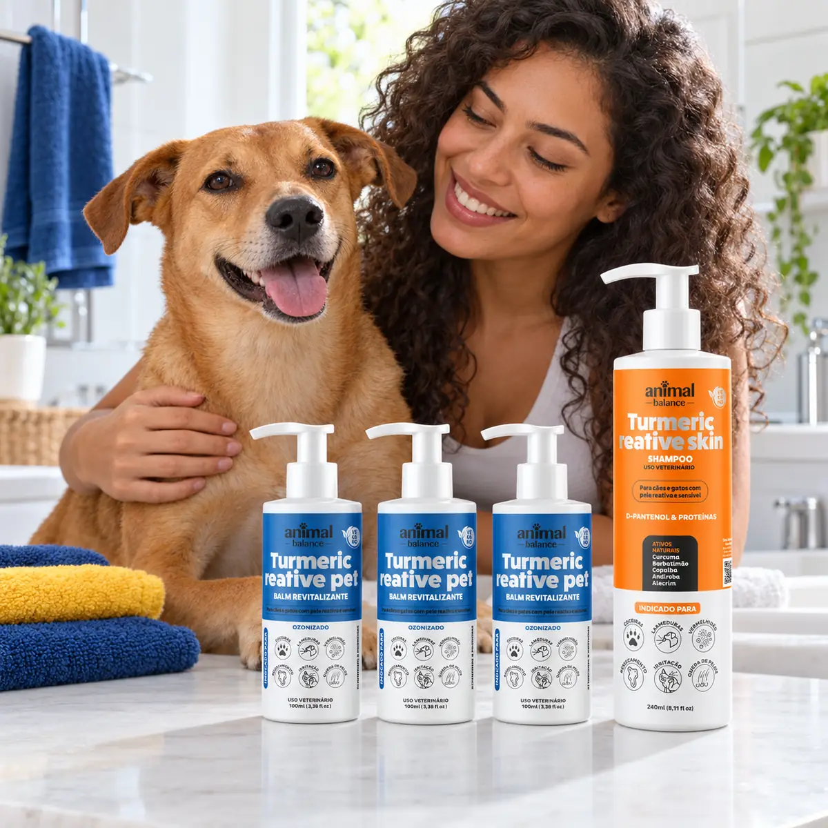 Kit Obrigatório 3 Loções Balm + 1 Shampoo Turmeric em uso, em casa
