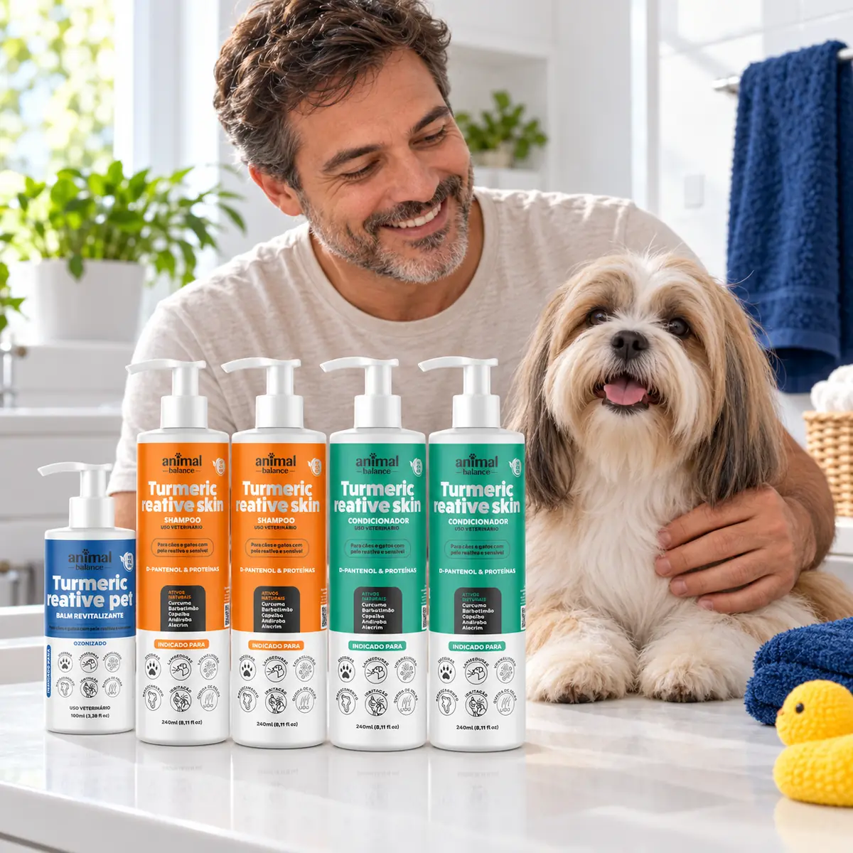 Kit Obrigatorio Cúrcuma - 2 Shampoo + 2 Condicionadores + 1 Balm em uso, em casa