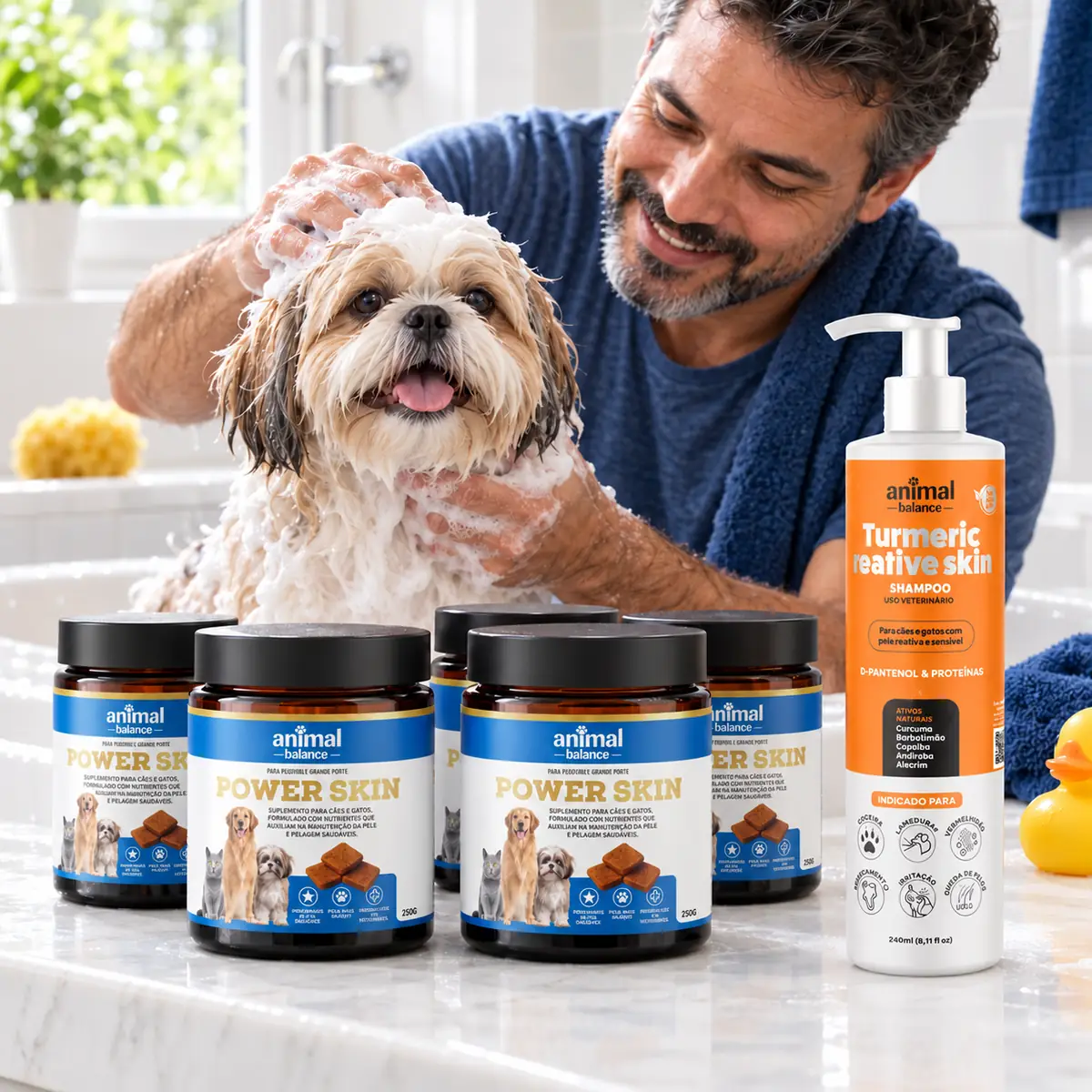Kit 5 Power Skin - Pelo & Derme + 1 Shampoo Turmeric - Suplemento em Flexbites Palatáveis - 250g em uso, em casa