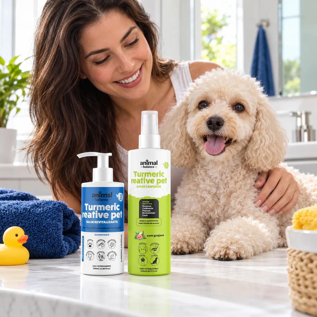 Kit Protect Pet - 1 Und Spray Limpador + 1 Balm Reestruturante em uso, em casa
