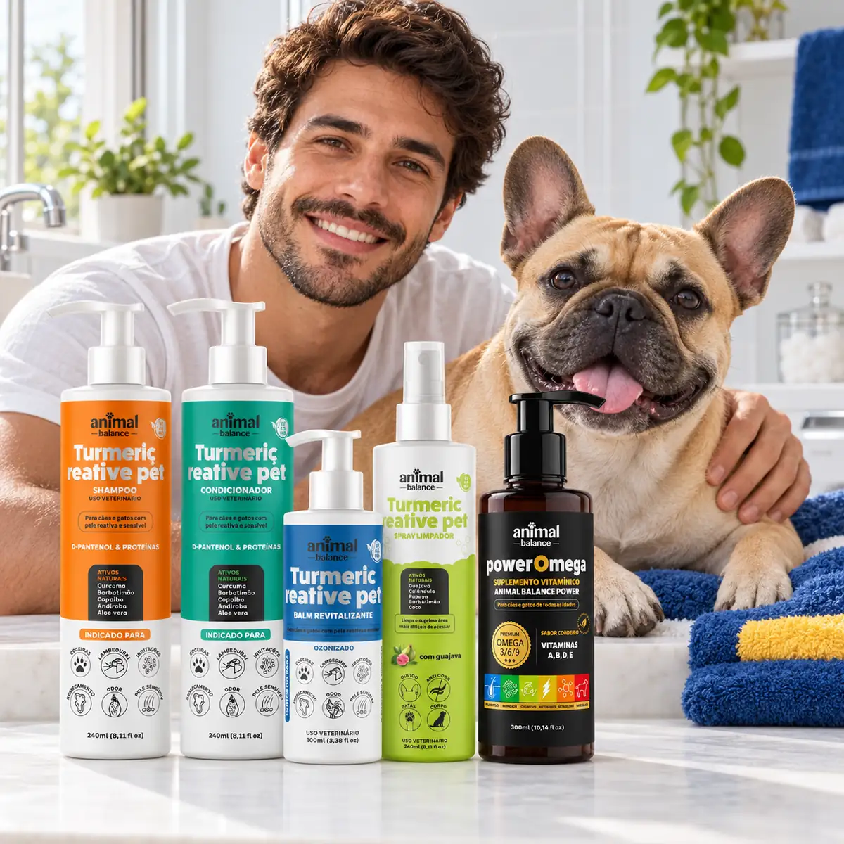 Kit Vitalidade - 1 Balm + 1 Shampoo + 1 Condicionador + 1 Spray + 1 Power Ômega em uso, em casa