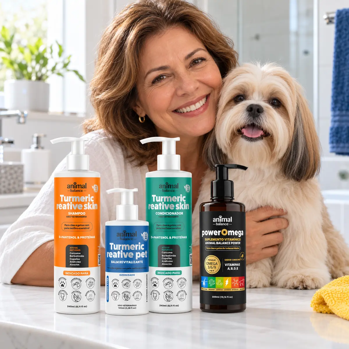 Kit Cuidado Intensivo - 1 Balm + 1 Shampoo + 1 Condicionador + 1 Power Ômega em uso, em casa