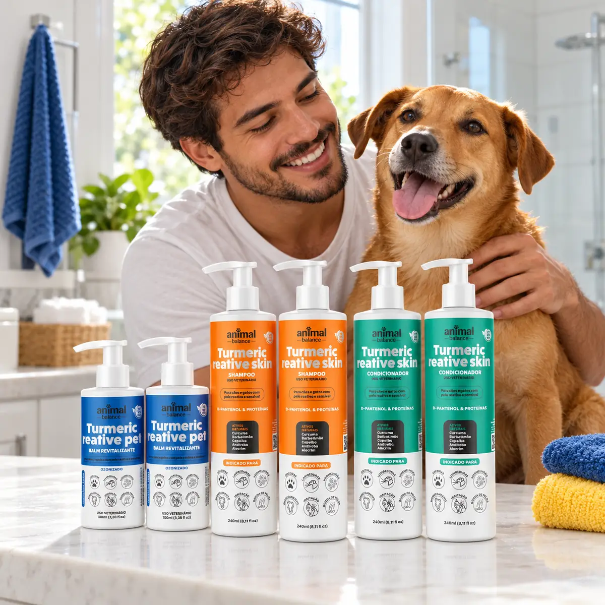 Kit Reparação Total Cúrcuma - 2 Balm + 2 Shampoo + 2 Condicionadores em uso, em casa