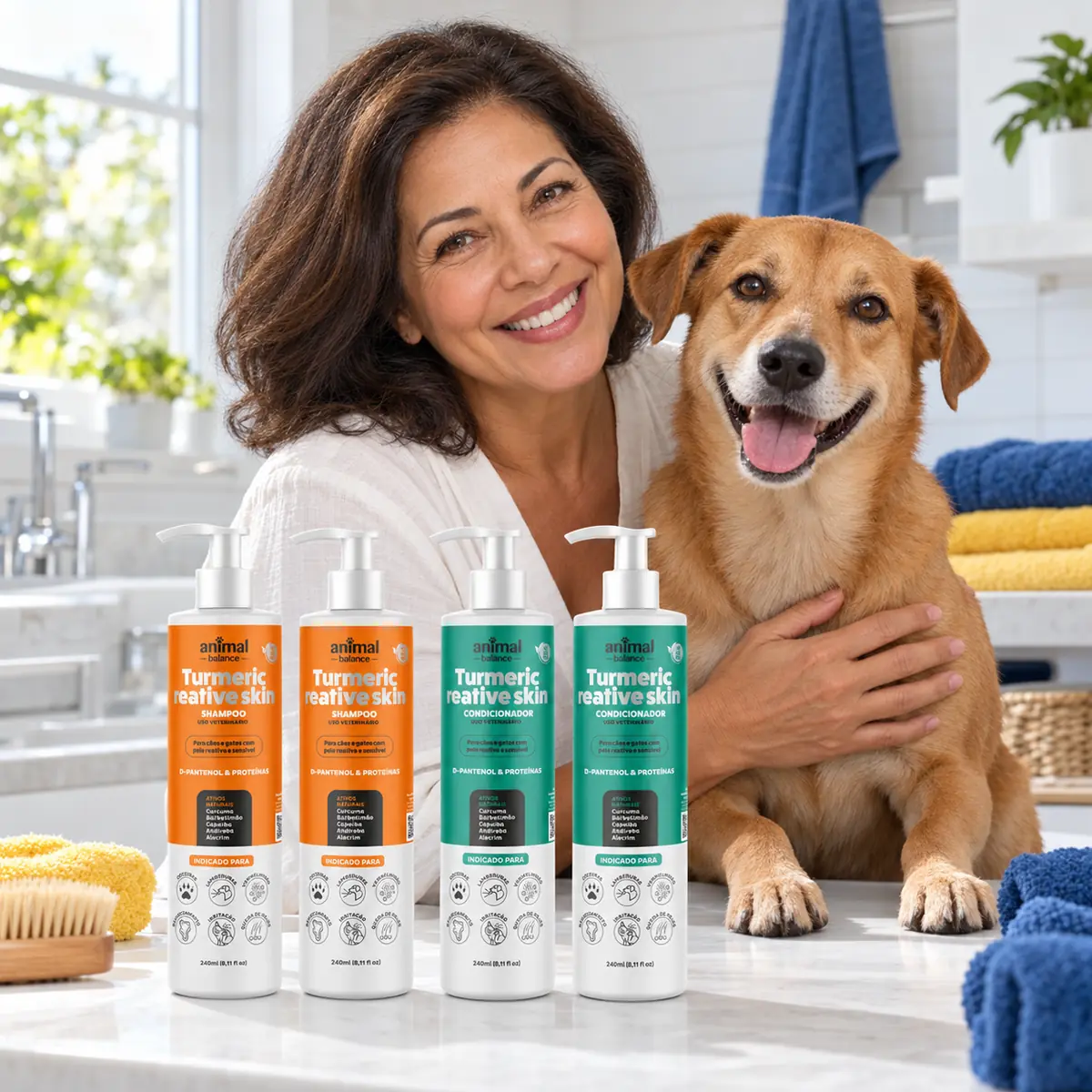 Kit Super Reparação Cúrcuma - 2 Shampoo + 2 Condicionadores em uso, em casa