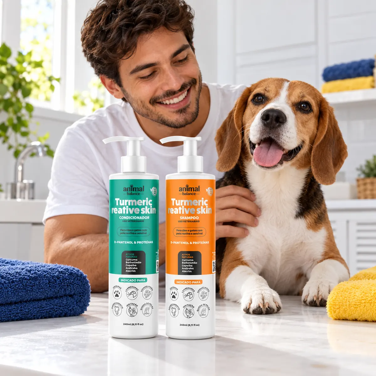 Kit Cúrcuma Reative - 1 Shampoo + 1 Condicionador em uso, em casa