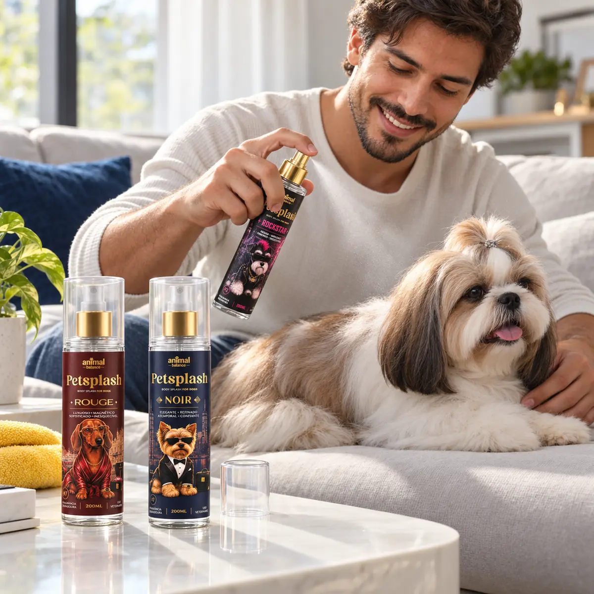 Petsplash® Trio Atitude (Noir, Rockstar e Rouge) · 200 ml em uso, em casa
