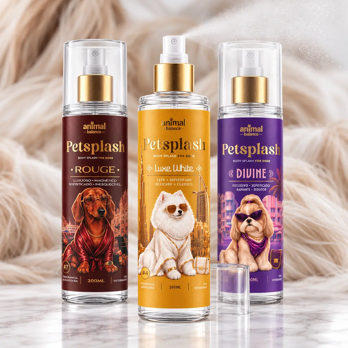 Petsplash® Trio Primeira Classe (Luxe White, Divine e Rouge) · 200 ml — detalhe