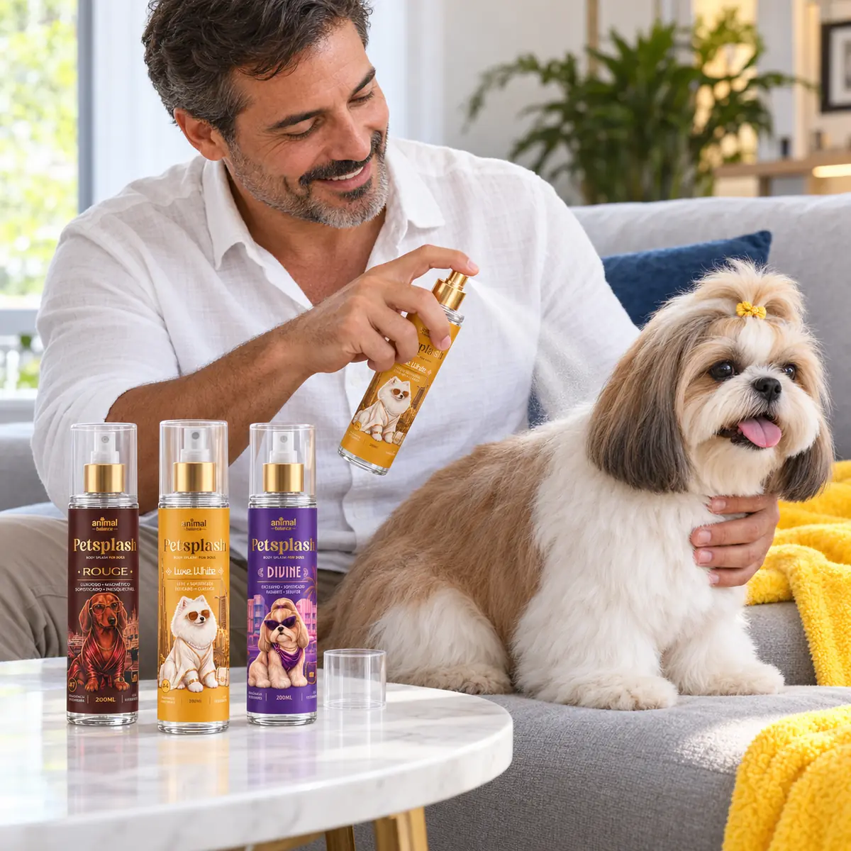 Petsplash® Trio Primeira Classe (Luxe White, Divine e Rouge) · 200 ml em uso, em casa