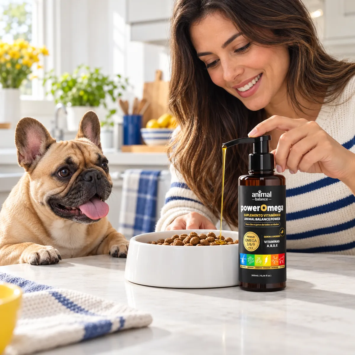 PowerOmega 3, 6 e 9 + Cúrcuma - Suplemento Vitamínico, Sabor Cordeiro 300ml - 1 und em uso, em casa