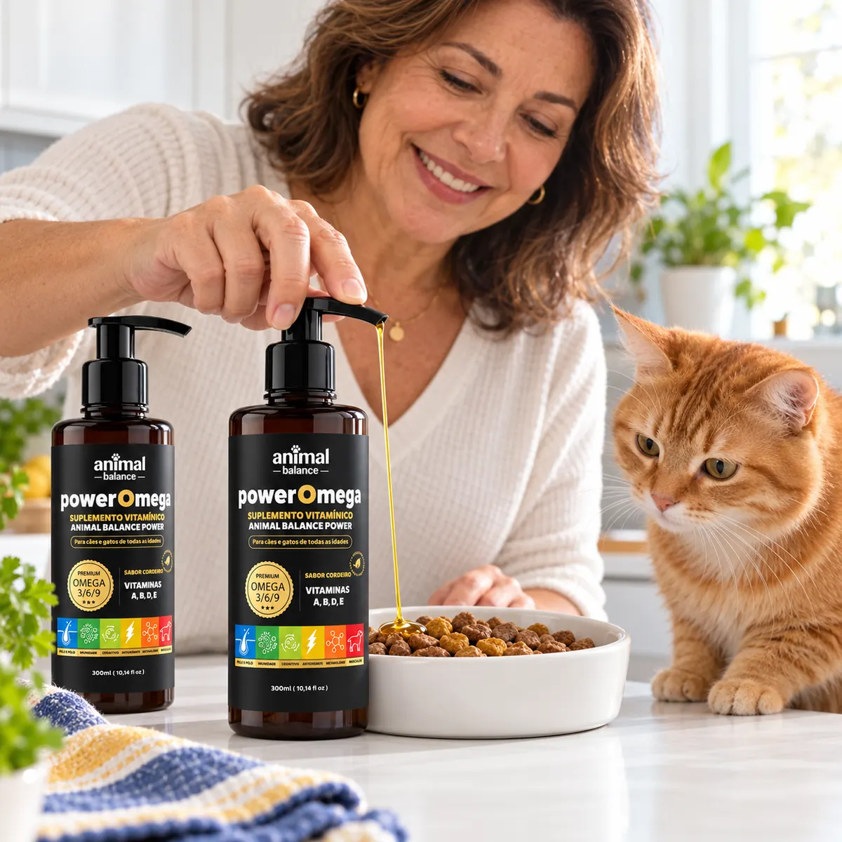 PowerOmega 3, 6 e 9 + Cúrcuma - Suplemento Vitamínico, Sabor Cordeiro 300ml - 2und em uso, em casa