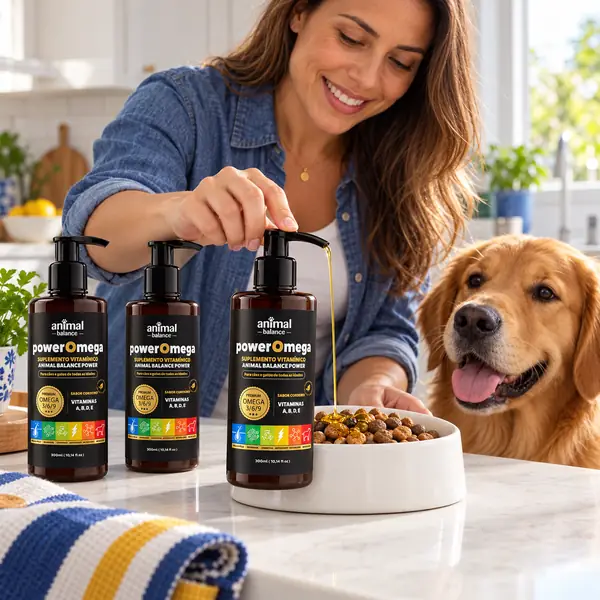 PowerOmega 3, 6 e 9 + Cúrcuma - Suplemento Vitamínico, Sabor Cordeiro 300ml - 3und em uso, em casa