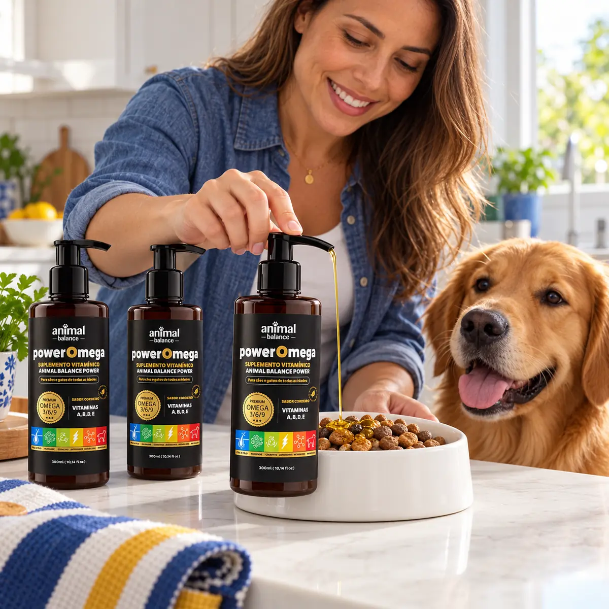 PowerOmega 3, 6 e 9 + Cúrcuma - Suplemento Vitamínico, Sabor Cordeiro 300ml - 3und em uso, em casa