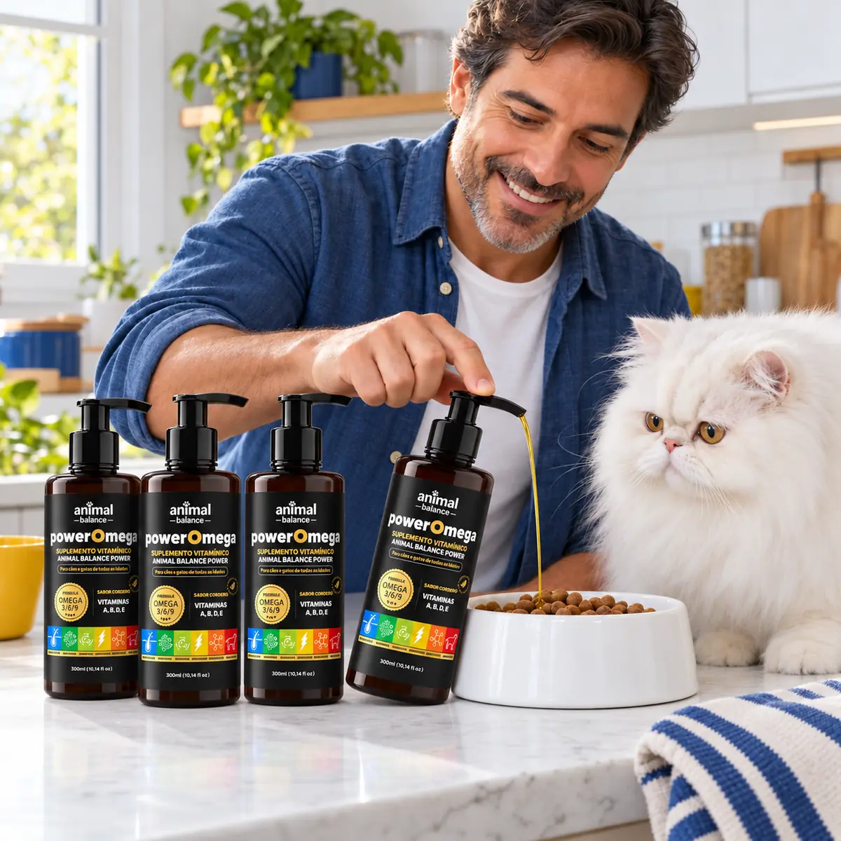 PowerOmega 3, 6 e 9 + Cúrcuma - Suplemento Vitamínico, Sabor Cordeiro 300ml - 4und em uso, em casa