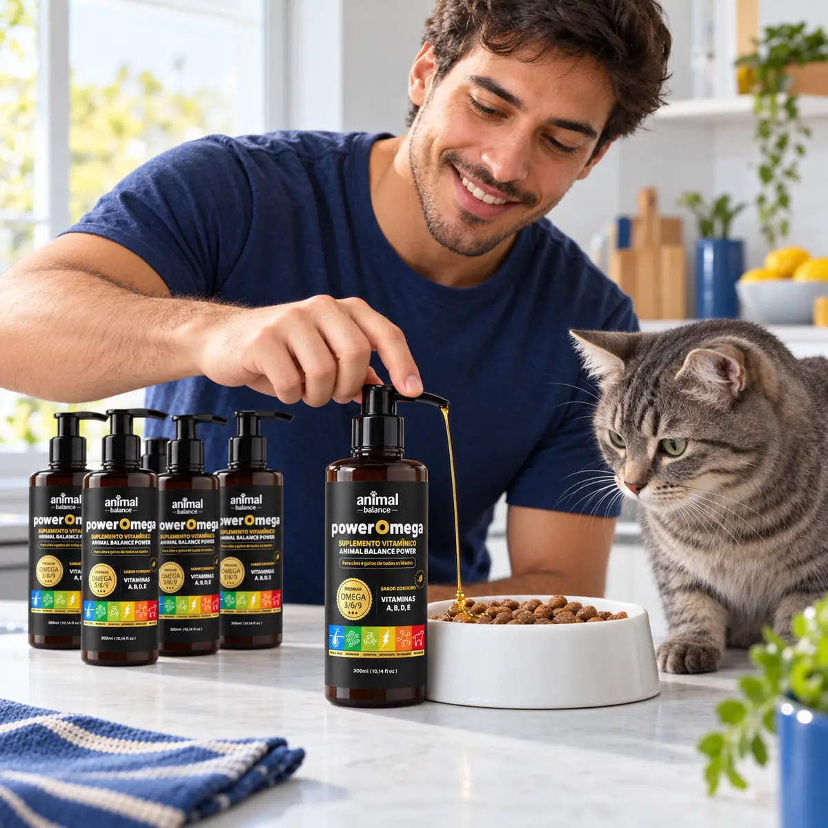 PowerOmega 3, 6 e 9 + Cúrcuma - Suplemento Vitamínico, Sabor Cordeiro 300ml - 5und em uso, em casa