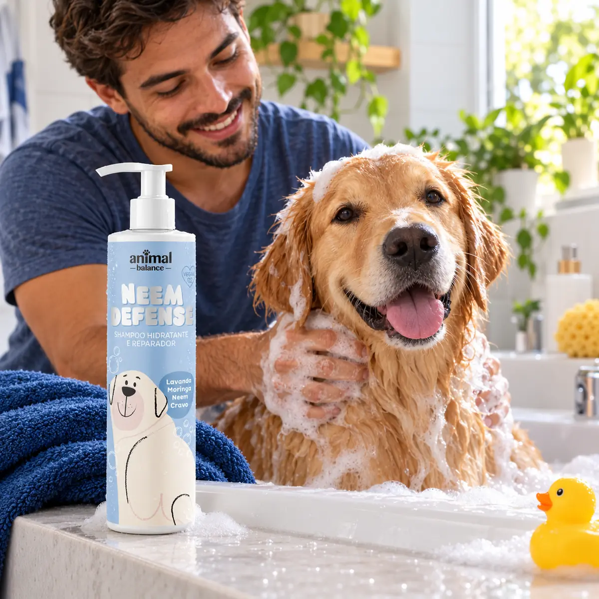 Shampoo Repelente Neem Defense - Neem, Cravo, Lavanda e Moringa - 240ml em uso, em casa