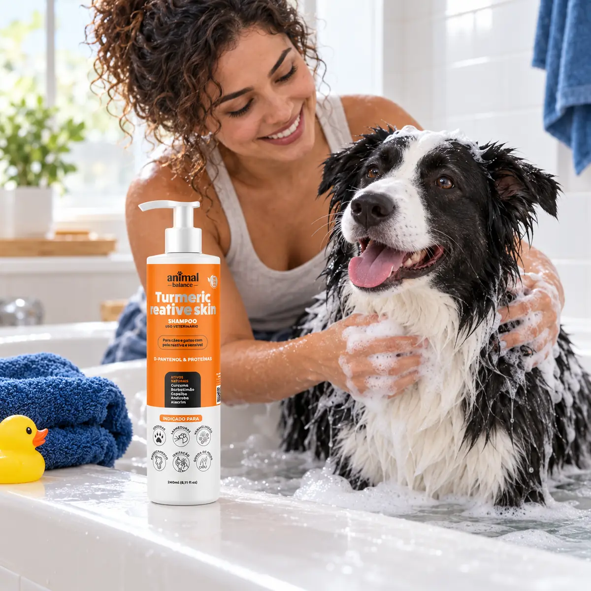 Shampoo Pet - Cúrcuma Reative Skin - 240ml em uso, em casa
